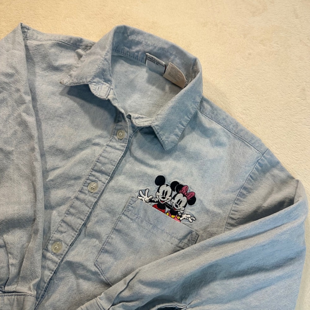 Vintage Mickey & Co Disney Chambray Shirt Kids S 7/8 Embroidered Mickey Minnie